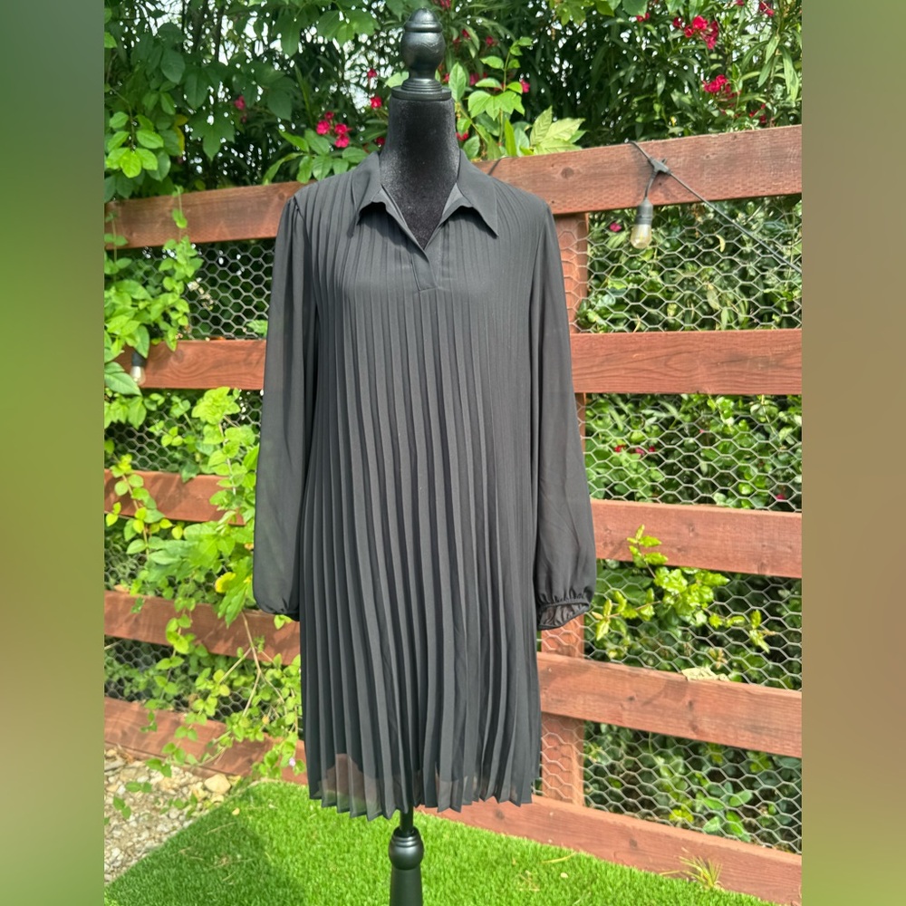 Nine West Black Pleated Long-Sleeve Shirt Dress